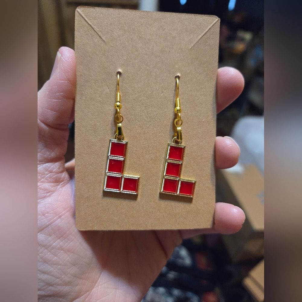 Red and Gold Geometric L Shaped Puzzle Game Earrings